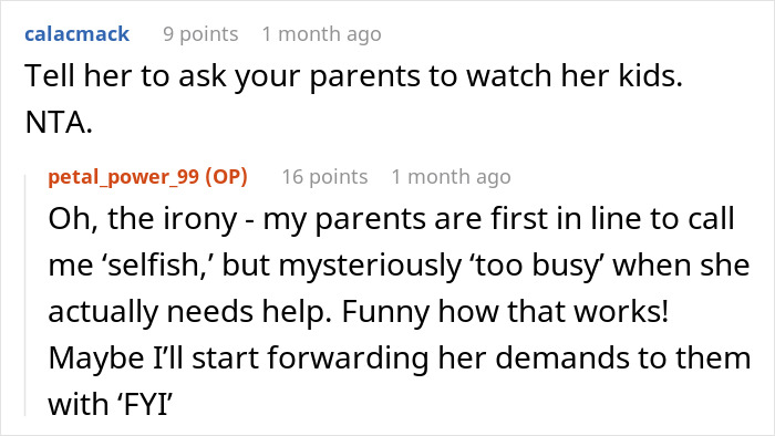 Screenshot of an online discussion about a mom expecting endless babysitting from sister and shaming her for a trip. Screenshot of an online discussion about a mom expecting endless babysitting from sister and shaming her for a trip.