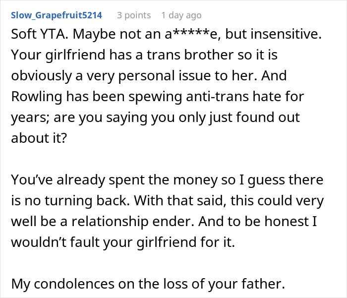 Man accused of supporting transphobia by visiting Harry Potter Wizarding World theme park.