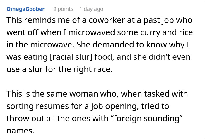Screenshot of a user comment describing a coworker who criticized a woman&rsquo;s lunch as smelling too real and preferred protein bars.