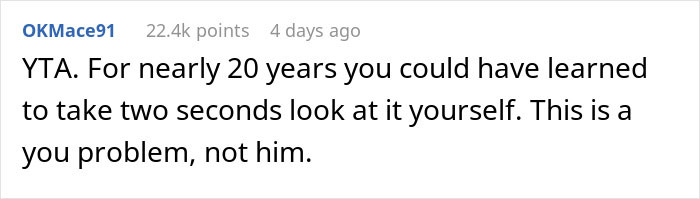Comment from user OKMace91 explaining that the wife&rsquo;s threat of a cold shower is due to the husband&rsquo;s bad memory over 20 years.