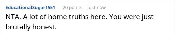 Comment text saying a person was brutally honest in a discussion about a mom marrying her affair partner and family tensions.