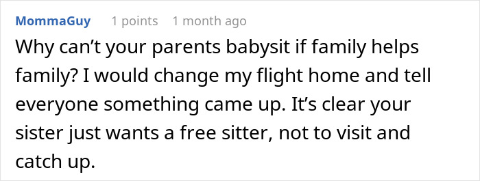 Screenshot of an online comment discussing family babysitting expectations during a rare visit after a year apart.