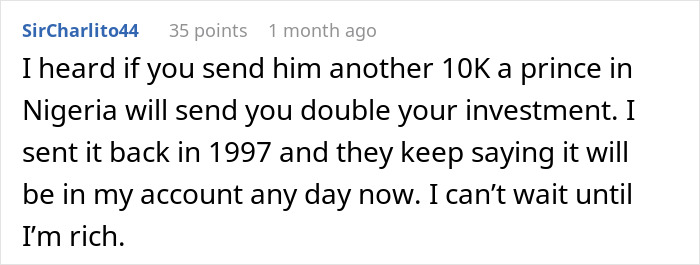 Comment about a romance scam with a Nigeria prince promise, highlighting a woman warning coworker and getting silent treatment. Comment about a romance scam with a Nigeria prince promise, highlighting a woman warning coworker and getting silent treatment.
