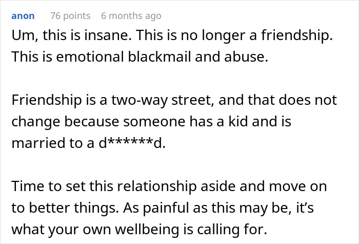 ALT text: Screenshot of a reddit comment discussing boundaries in friendship and emotional abuse involving hosting a toddler.