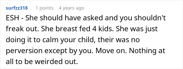 Comment discussing mother-in-law caught trying to breastfeed baby, highlighting mom's furious reaction and family tension.