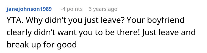 Comment on woman refusing to leave party she planned after boyfriend and friends demand privacy, highlighting relationship conflict.
