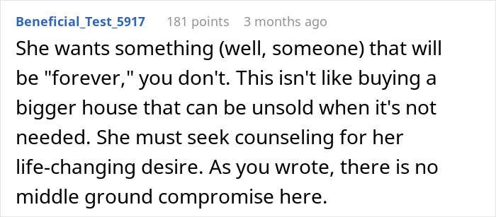 Comment about wife obsessed with having more kids needing counseling, no compromise between marriage and third child. Comment about wife obsessed with having more kids needing counseling, no compromise between marriage and third child.