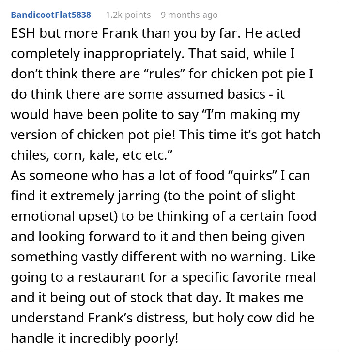 User comment discussing the brother-in-law&rsquo;s reaction to the host&rsquo;s unusual chicken pot pie at a family gathering.