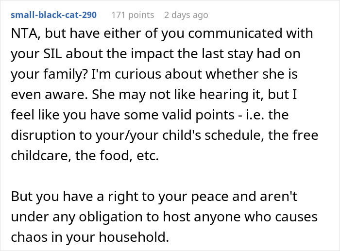 Comment discussing a man not prepared to deal with SIL&rsquo;s kid during their stay, offering to pay for a hotel.