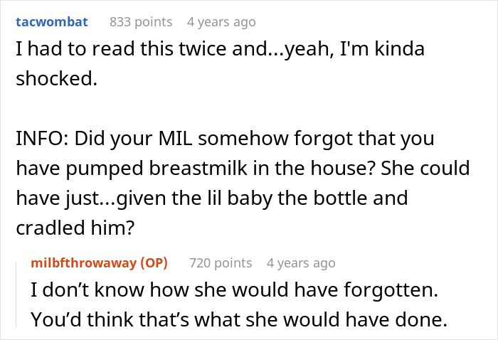 Reddit conversation about mother-in-law caught trying to breastfeed baby, causing mom to be furious and shocked.