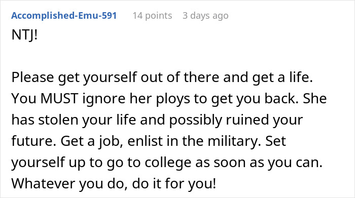 Screenshot of an online comment advising to move on and improve life, related to sister force senior year sibling babysit situation.