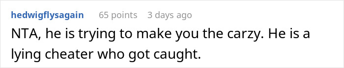 Screenshot of a Reddit comment accusing a cheating boyfriend of calling his girlfriend crazy after she confronts him.