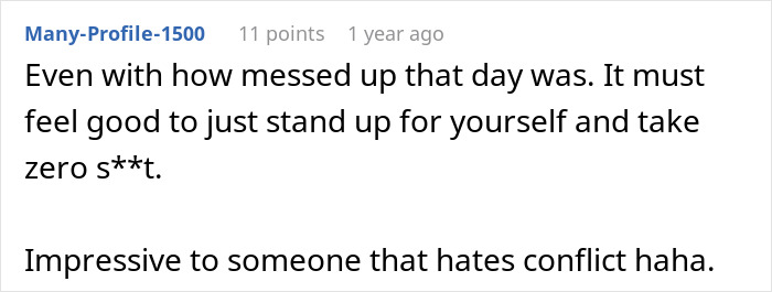 Comment expressing relief and empowerment after a tough day, mentioning standing up and avoiding conflict.