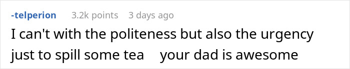 Comment about politeness and urgency in a conversation, mentioning bride's dad and wedding drama witnessed.