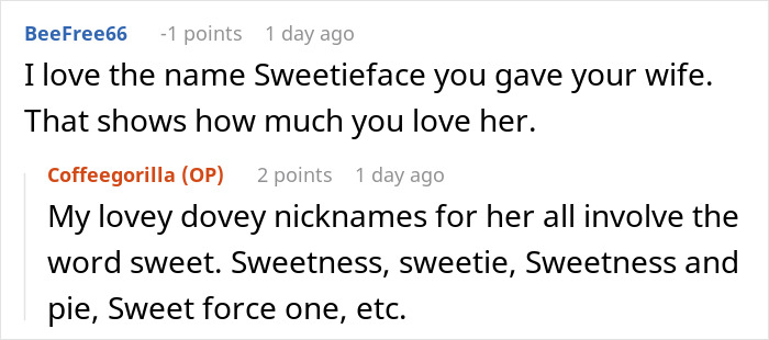 Screenshot of an online conversation about nicknames, highlighting a man’s playful revenge with a better engagement ring. Screenshot of an online conversation about nicknames, highlighting a man’s playful revenge with a better engagement ring.