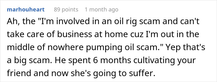 Comment about a romance scam warning involving coworker with silent treatment in an online discussion thread. Comment about a romance scam warning involving coworker with silent treatment in an online discussion thread.
