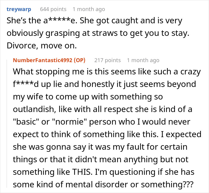Screenshot of a conversation discussing a wife's cheating and her unbelievable mind-controlled excuse.