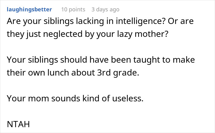 Comment criticizing a mother for guilt-tripping her son who makes lunch only for himself, not his siblings.