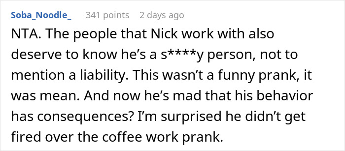 Comment criticizing a prank, describing someone&rsquo;s mean behavior and consequences after a harmless prank on girlfriend&rsquo;s sister.