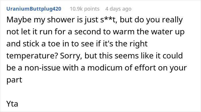 Comment discussing the husband&rsquo;s bad memory and wife threatening cold showers as a consequence in a text post.