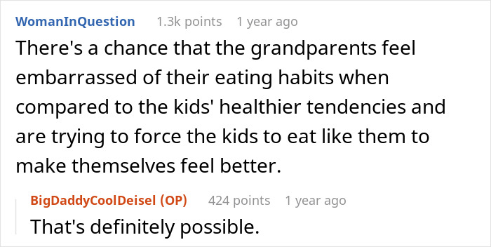 ALT text: Online discussion about boomer relatives undermining kids' healthy habits with candies and soda causing family tension.