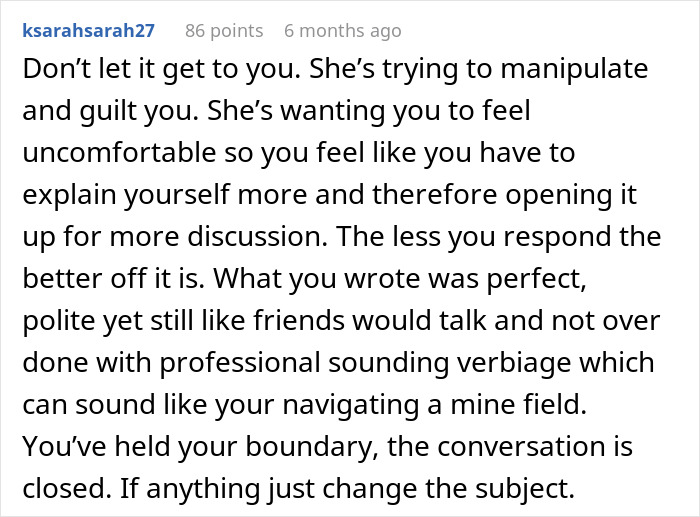 Comment discussing setting boundaries as a woman has enough of her friend using her and hosting toddler requests.