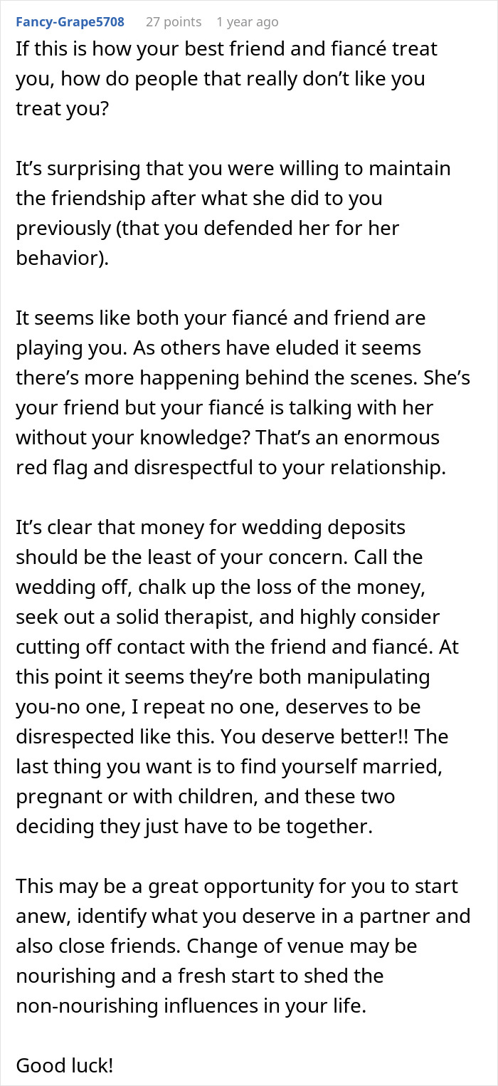 Text comment discussing how a woman&rsquo;s fianc&eacute; has a crush on her best friend, causing betrayal and relationship issues.
