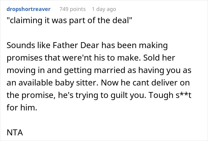 Comment discussing a teen refusing to be part of a blended family while stepmom expects babysitting duties.