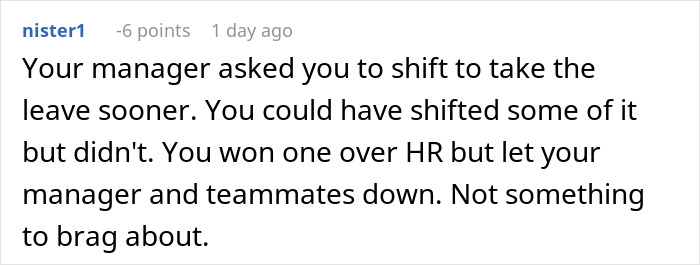 Comment on employee using all PTO days before deadline, causing project issues and disappointing the team.