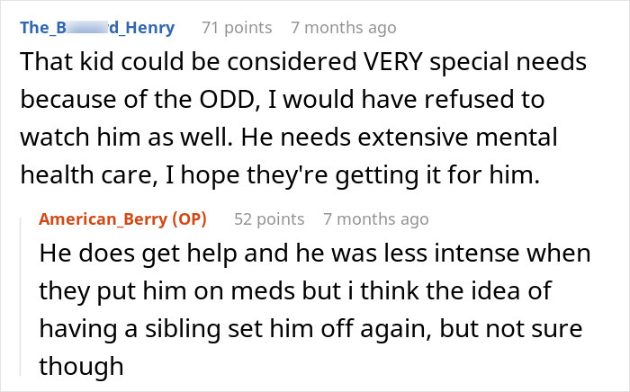 Reddit comments discussing babysitter refusing to watch a child due to special needs and accusations of discrimination.