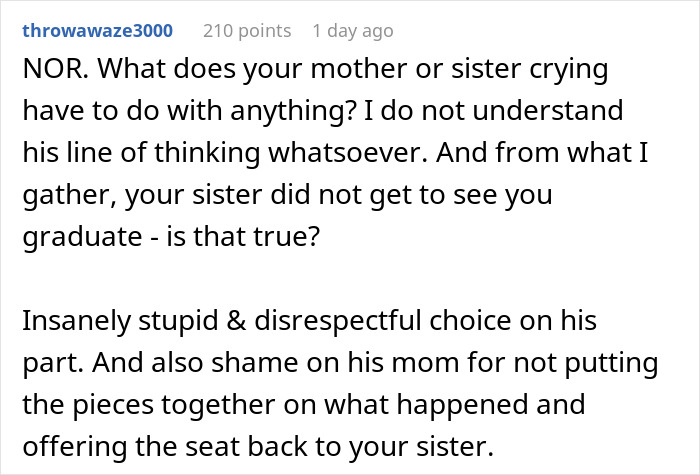 Comment on woman&rsquo;s graduation day ruined after hubby gives sister-in-law&rsquo;s seat to his mom without notice.