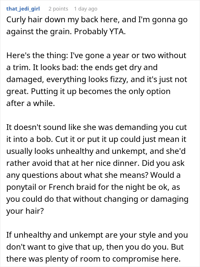 Woman refuses to cut her hair for boyfriend&rsquo;s mom party, discussing wild hair and style compromise concerns.