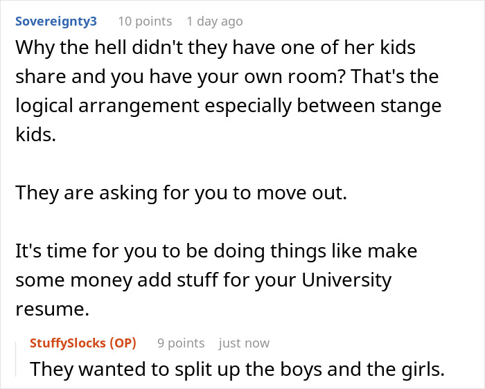 Comment about teen refusing blended family duties and stepmom expecting babysitting, highlighting family conflict online.