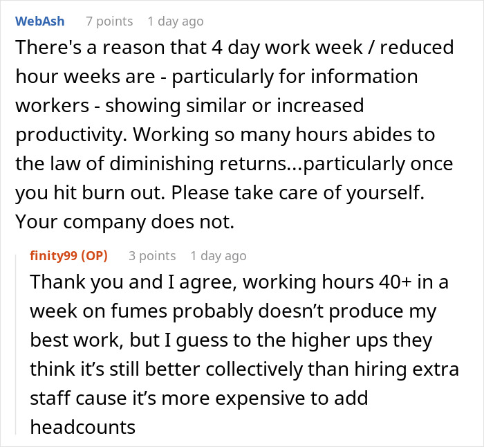 Employee discussing the impact of 30 hours overtime on productivity and burnout in a workplace conversation.