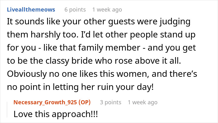 Comment discussing how a classy bride rises above rude aunt ruining elegant wedding with fast-food wrappers.