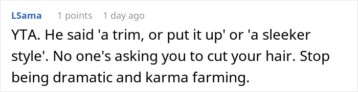 Comment discussing a woman refusing to trim her hair for boyfriend&rsquo;s mom&rsquo;s party, debating hairstyle expectations and drama.