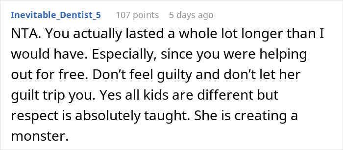Reddit comment discussing babysitting chaos caused by SIL's kid and regret after offering free help. Reddit comment discussing babysitting chaos caused by SIL's kid and regret after offering free help.
