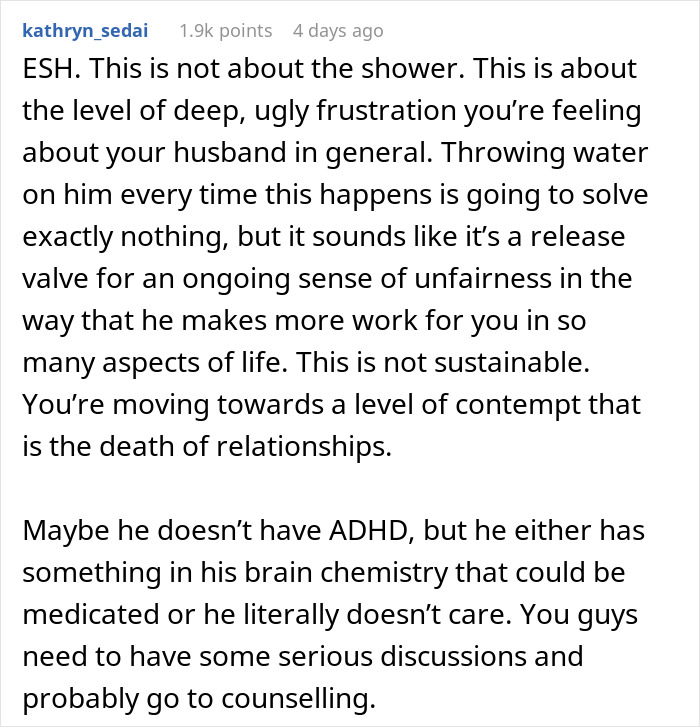 Comment discussing wife threatening husband with cold showers due to his bad memory and relationship frustrations.