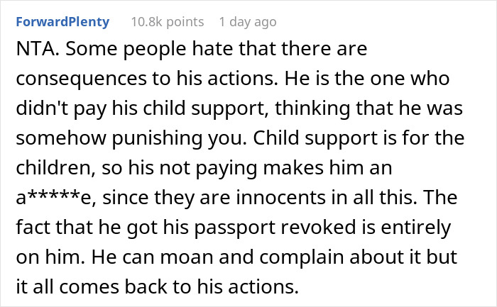 Screenshot of a forum comment explaining consequences of a deadbeat ex having his passport revoked, stranded at airport.