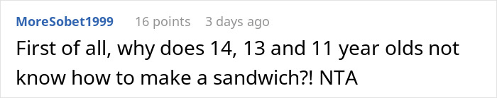 Comment expressing disbelief at children aged 11 to 14 not knowing how to make a sandwich relating to mom guilt-trips son