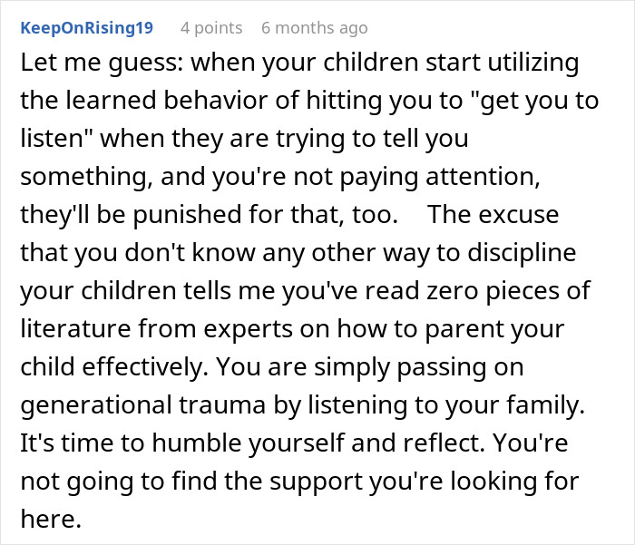 Screenshot of a Reddit comment discussing parenting, shared in a thread about Karen calling animal control over a neglected dog.