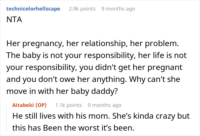 Comments discussing a woman standing her ground after roommate demands she move out for nursery space. Comments discussing a woman standing her ground after roommate demands she move out for nursery space.
