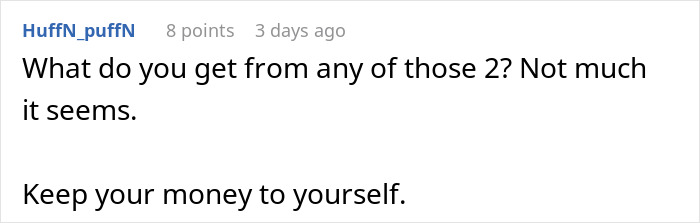 Screenshot of a social media comment advising to keep money to oneself regarding paying for a stepson’s surgery. Screenshot of a social media comment advising to keep money to oneself regarding paying for a stepson’s surgery.