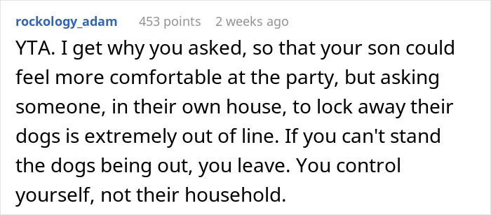 Comment about mom demanding to have dog locked up for kid&rsquo;s birthday party, discussing comfort and household boundaries.