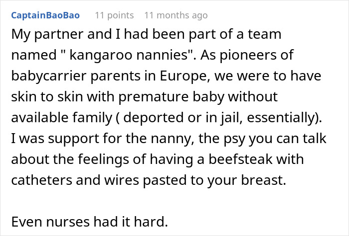 Screenshot of a Reddit comment describing support for premature babies in NICU, illustrating a new mom’s malicious compliance story. Screenshot of a Reddit comment describing support for premature babies in NICU, illustrating a new mom’s malicious compliance story.