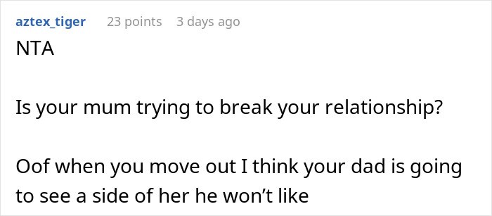 Reddit comment discussing mom guilt-trips son who makes lunch only for himself, questioning family relationship impact.