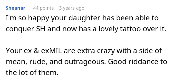 Screenshot of a comment discussing a woman calling CPS on daughter&rsquo;s ex-husband over forcing child to get a tattoo.