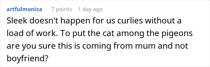 Comment about a woman refusing to cut her hair for her boyfriend&rsquo;s mom's party and dealing with curly hair challenges.