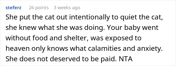 Screenshot of a user comment discussing refusal to pay a cat-sitter after mistreatment of the cat.