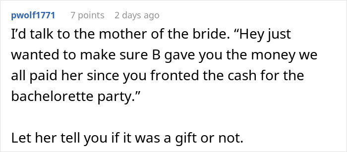 Screenshot of a forum post discussing MOH overcharging and money issues related to the bachelorette party expenses.